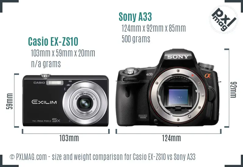 Casio EX-ZS10 vs Sony A33 size comparison