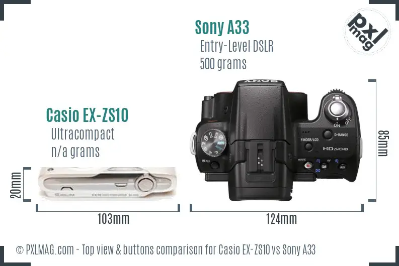 Casio EX-ZS10 vs Sony A33 top view buttons comparison