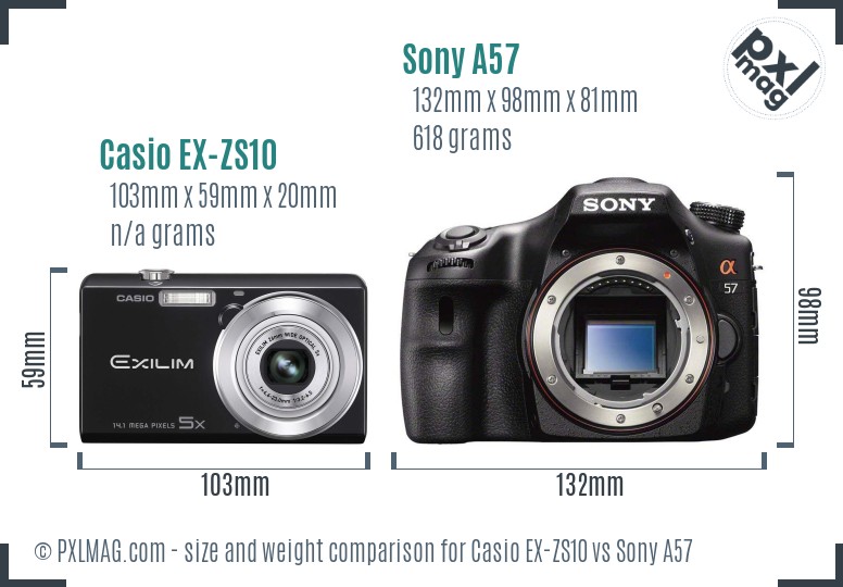 Casio EX-ZS10 vs Sony A57 size comparison