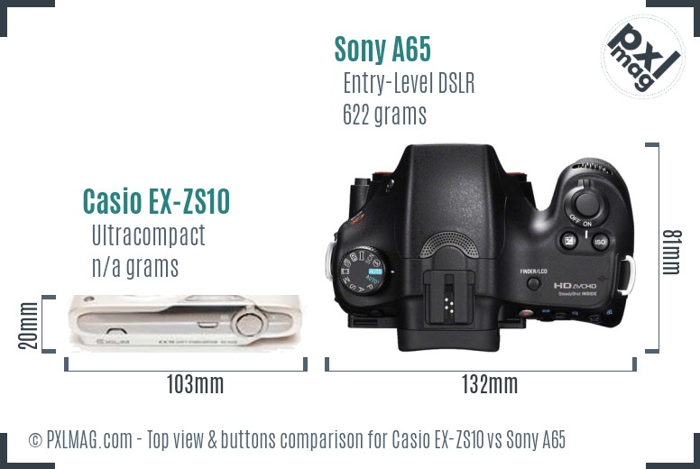 Casio EX-ZS10 vs Sony A65 top view buttons comparison