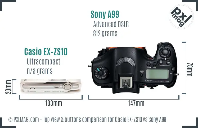 Casio EX-ZS10 vs Sony A99 top view buttons comparison Casio EX-ZS10 vs Sony A99 top view buttons comparison