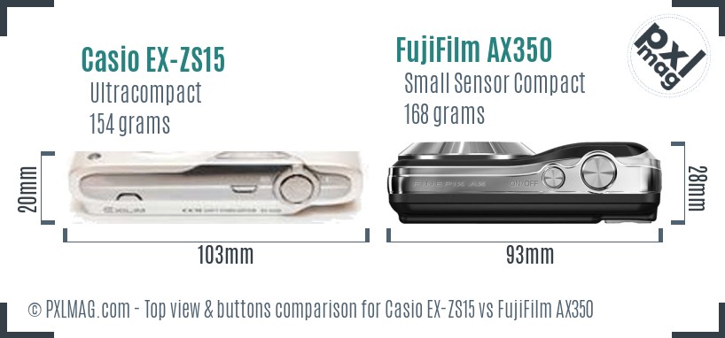 Casio EX-ZS15 vs FujiFilm AX350 top view buttons comparison
