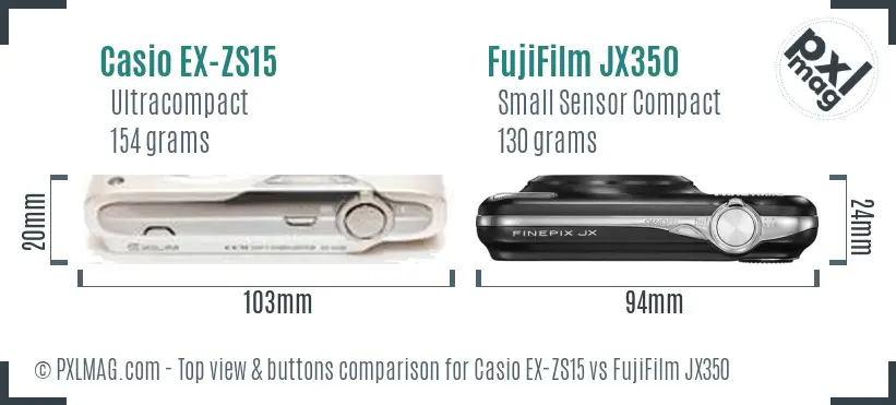 Casio EX-ZS15 vs FujiFilm JX350 top view buttons comparison Casio EX-ZS15 vs FujiFilm JX350 top view buttons comparison