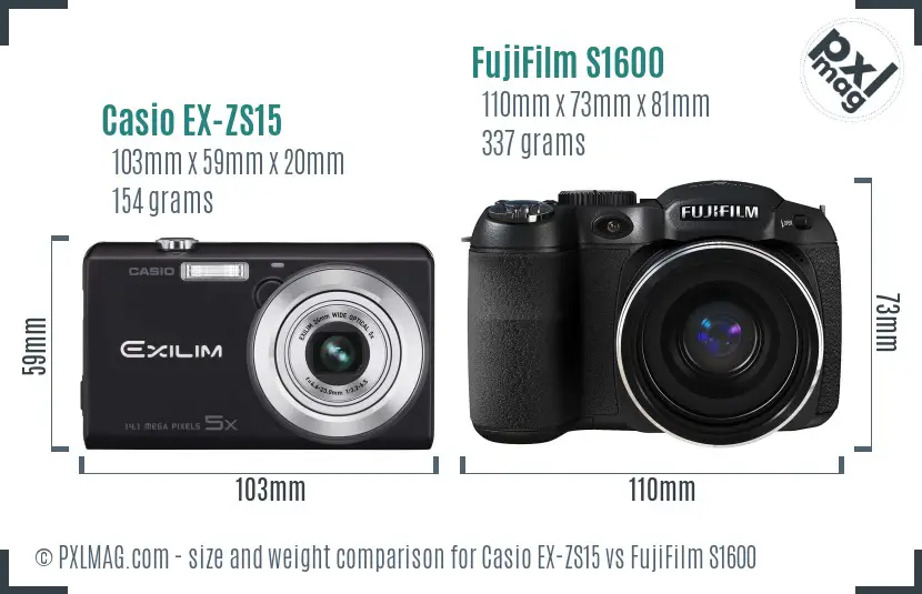 Casio EX-ZS15 vs FujiFilm S1600 size comparison