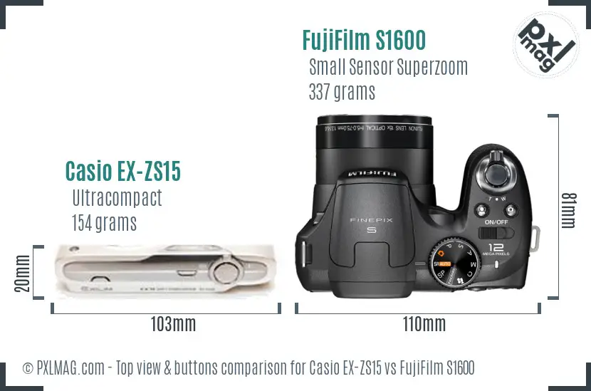 Casio EX-ZS15 vs FujiFilm S1600 top view buttons comparison