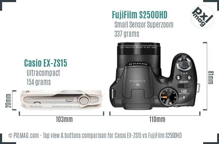 Casio EX-ZS15 vs FujiFilm S2500HD top view buttons comparison