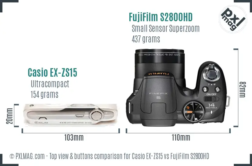 Casio EX-ZS15 vs FujiFilm S2800HD top view buttons comparison Casio EX-ZS15 vs FujiFilm S2800HD top view buttons comparison