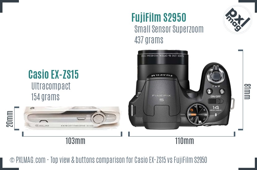 Casio EX-ZS15 vs FujiFilm S2950 top view buttons comparison