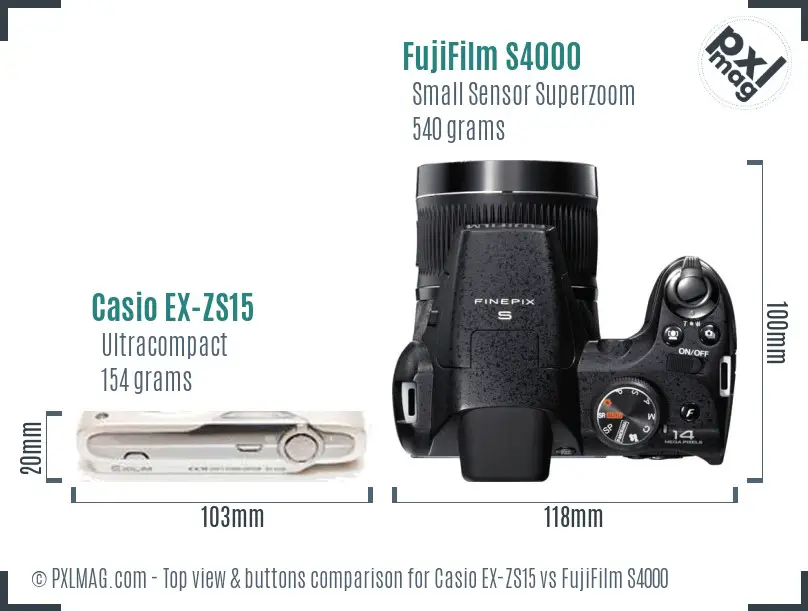 Casio EX-ZS15 vs FujiFilm S4000 top view buttons comparison