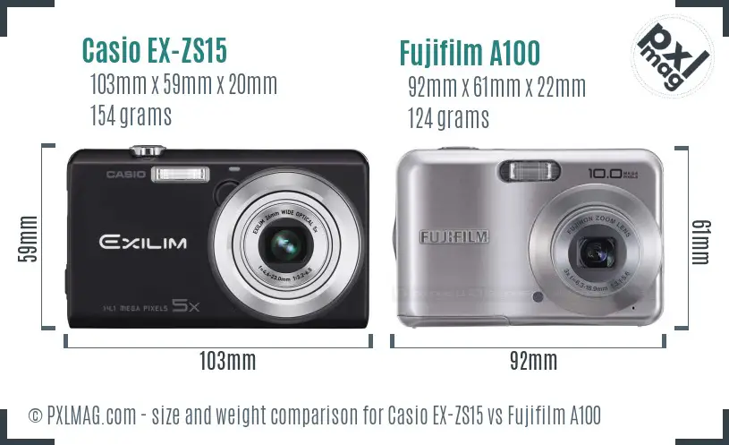 Casio EX-ZS15 vs Fujifilm A100 size comparison