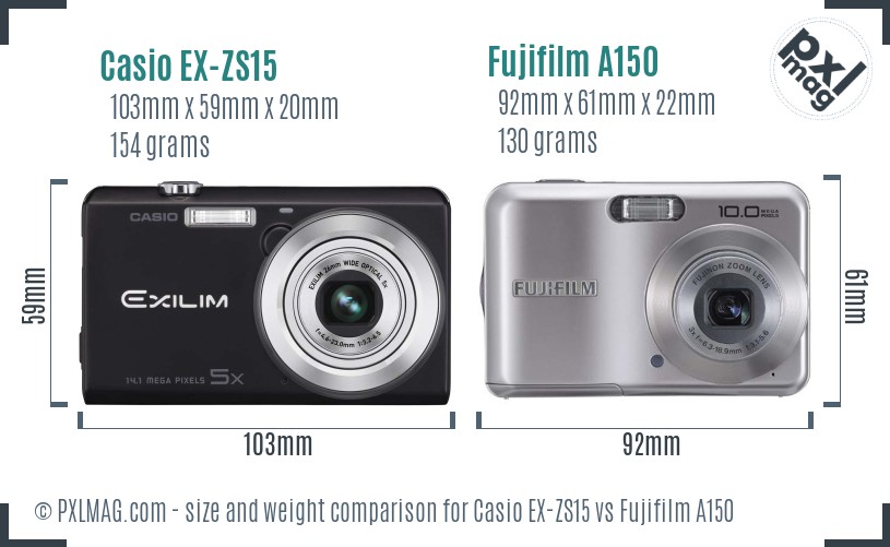 Casio EX-ZS15 vs Fujifilm A150 size comparison