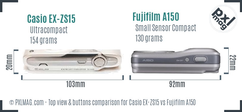 Casio EX-ZS15 vs Fujifilm A150 top view buttons comparison