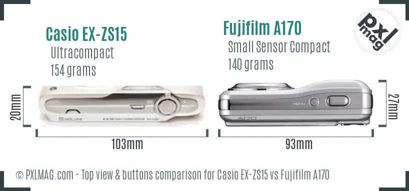 Casio EX-ZS15 vs Fujifilm A170 top view buttons comparison Casio EX-ZS15 vs Fujifilm A170 top view buttons comparison