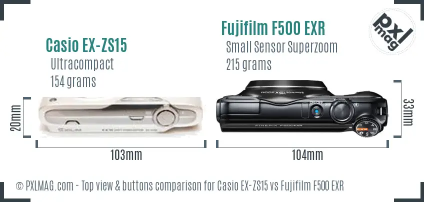 Casio EX-ZS15 vs Fujifilm F500 EXR top view buttons comparison Casio EX-ZS15 vs Fujifilm F500 EXR top view buttons comparison