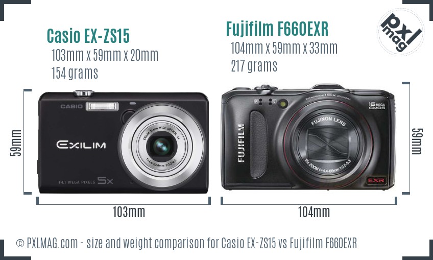 Casio EX-ZS15 vs Fujifilm F660EXR size comparison Casio EX-ZS15 vs Fujifilm F660EXR size comparison