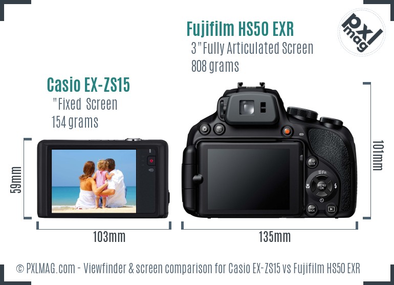 Casio EX-ZS15 vs Fujifilm HS50 EXR Screen and Viewfinder comparison