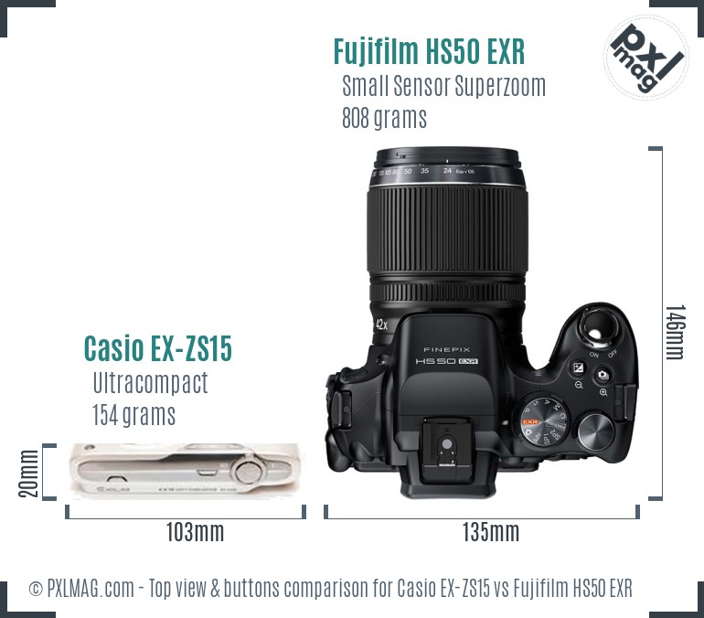 Casio EX-ZS15 vs Fujifilm HS50 EXR top view buttons comparison