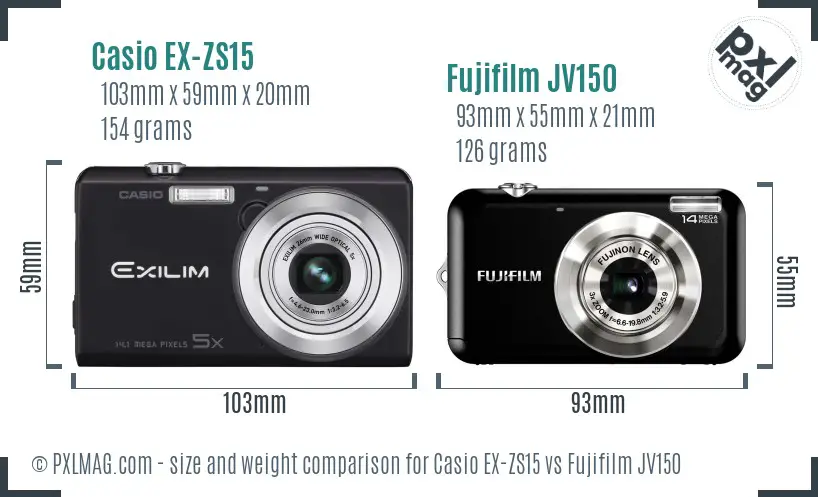 Casio EX-ZS15 vs Fujifilm JV150 size comparison