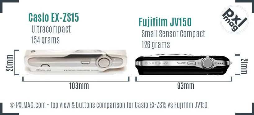 Casio EX-ZS15 vs Fujifilm JV150 top view buttons comparison