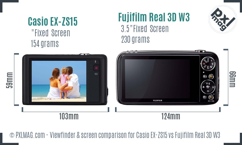 Casio EX-ZS15 vs Fujifilm Real 3D W3 Screen and Viewfinder comparison