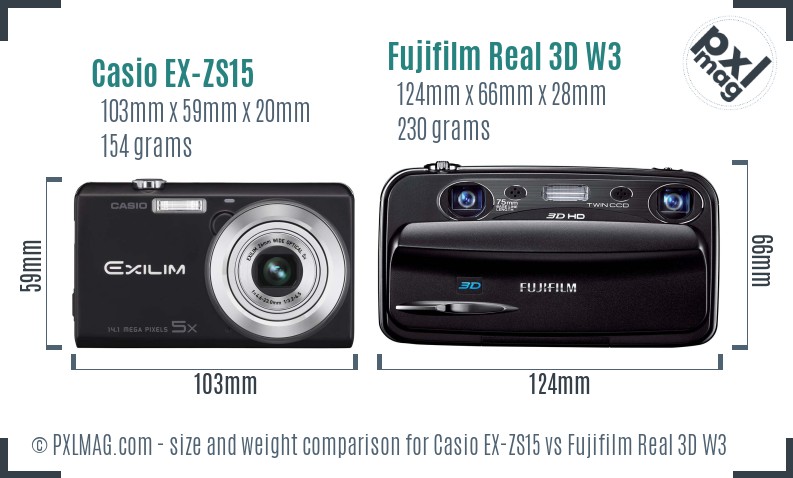 Casio EX-ZS15 vs Fujifilm Real 3D W3 size comparison