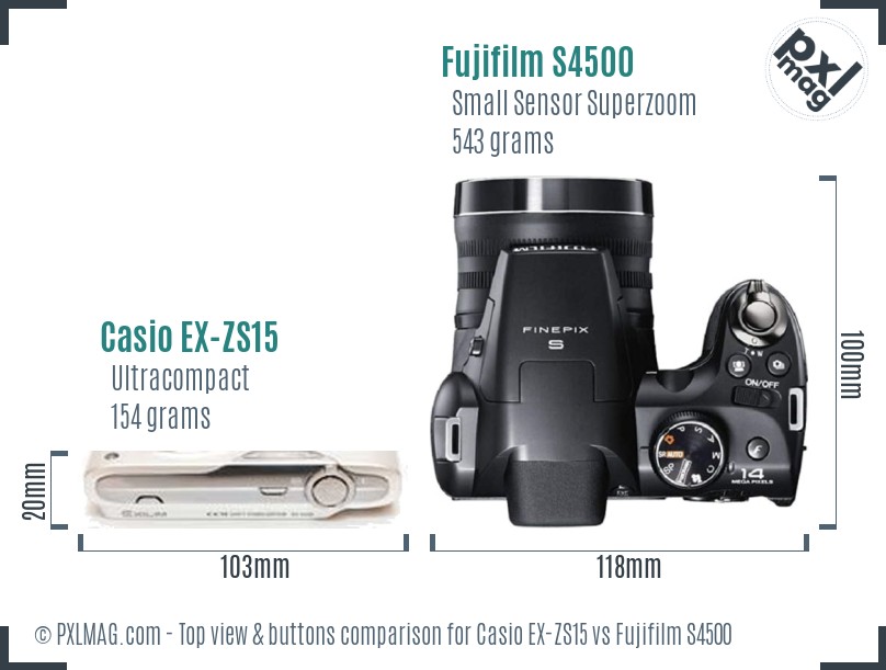 Casio EX-ZS15 vs Fujifilm S4500 top view buttons comparison