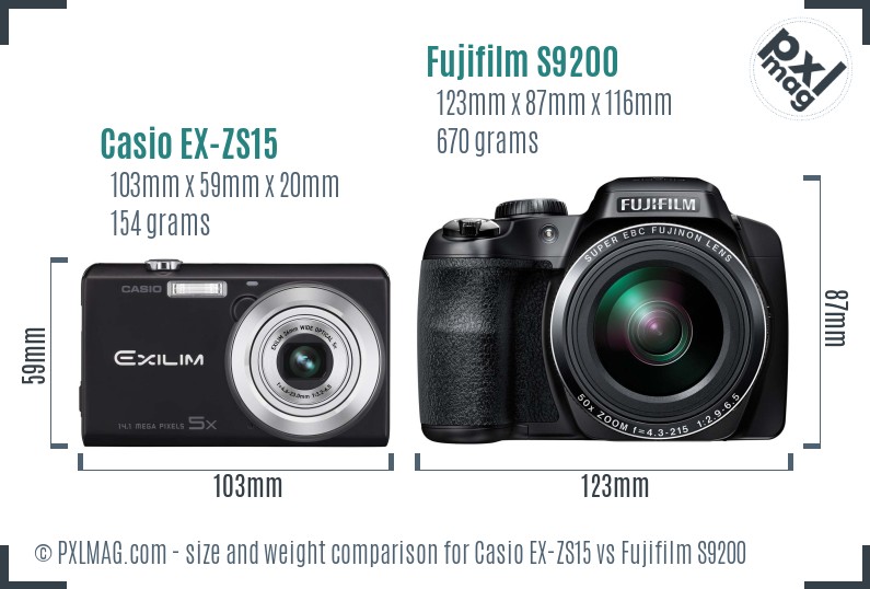 Casio EX-ZS15 vs Fujifilm S9200 size comparison Casio EX-ZS15 vs Fujifilm S9200 size comparison