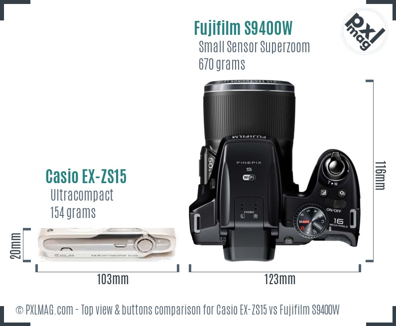 Casio EX-ZS15 vs Fujifilm S9400W top view buttons comparison