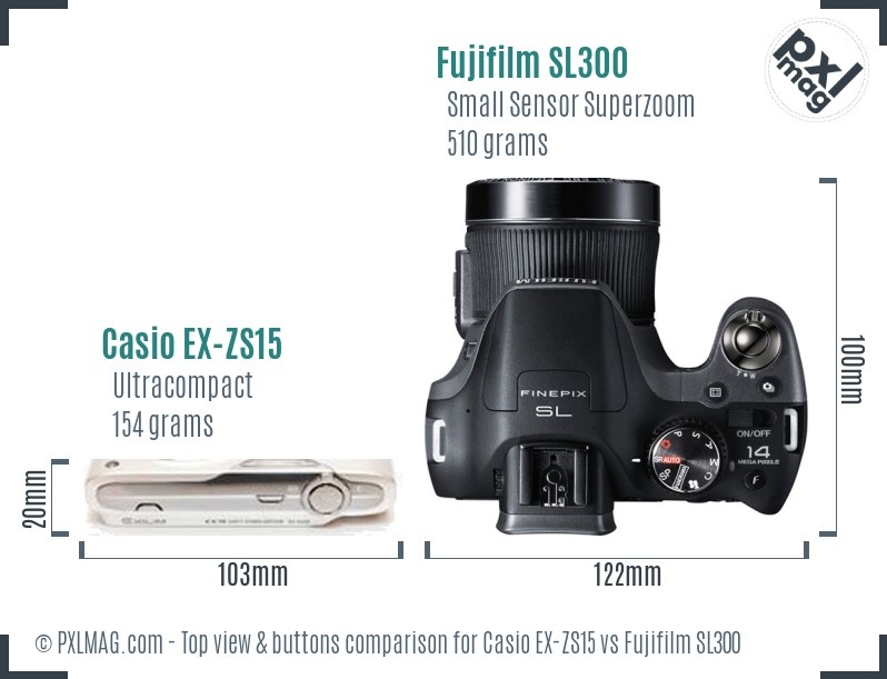 Casio EX-ZS15 vs Fujifilm SL300 top view buttons comparison