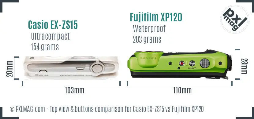 Casio EX-ZS15 vs Fujifilm XP120 top view buttons comparison