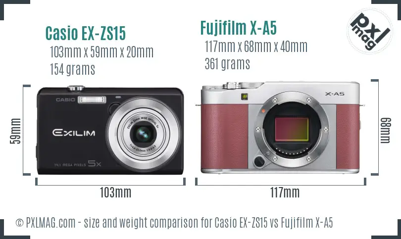 Casio EX-ZS15 vs Fujifilm X-A5 size comparison