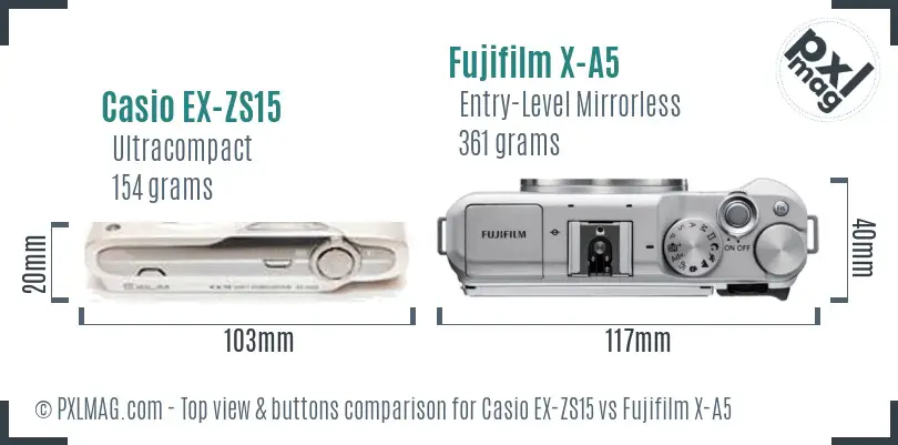 Casio EX-ZS15 vs Fujifilm X-A5 top view buttons comparison