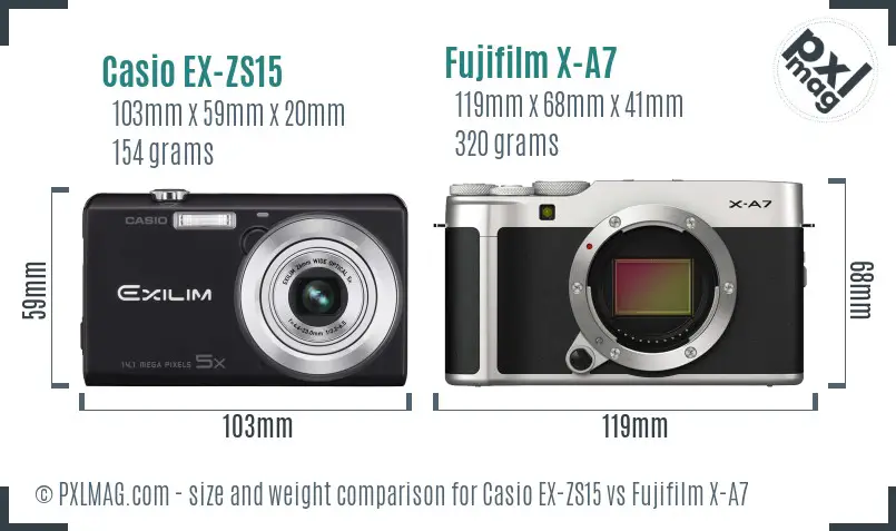 Casio EX-ZS15 vs Fujifilm X-A7 size comparison