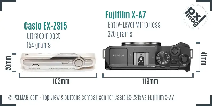 Casio EX-ZS15 vs Fujifilm X-A7 top view buttons comparison