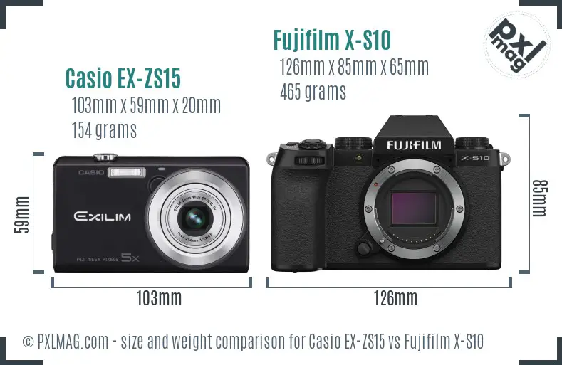 Casio EX-ZS15 vs Fujifilm X-S10 size comparison