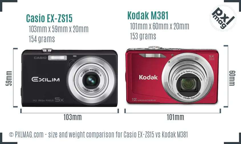 Casio EX-ZS15 vs Kodak M381 size comparison