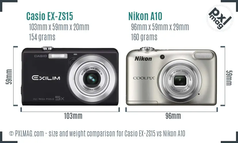 Casio EX-ZS15 vs Nikon A10 size comparison