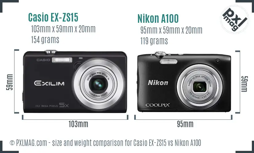 Casio EX-ZS15 vs Nikon A100 size comparison