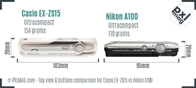 Casio EX-ZS15 vs Nikon A100 top view buttons comparison