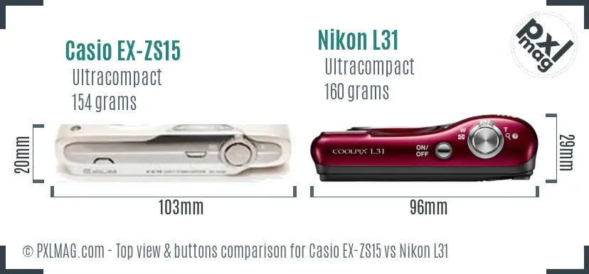 Casio EX-ZS15 vs Nikon L31 top view buttons comparison