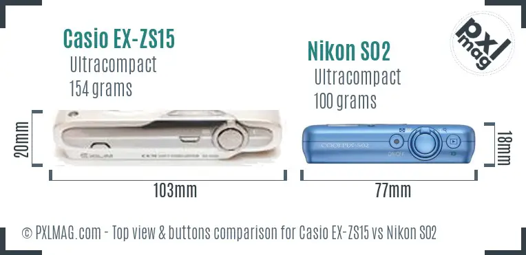 Casio EX-ZS15 vs Nikon S02 top view buttons comparison