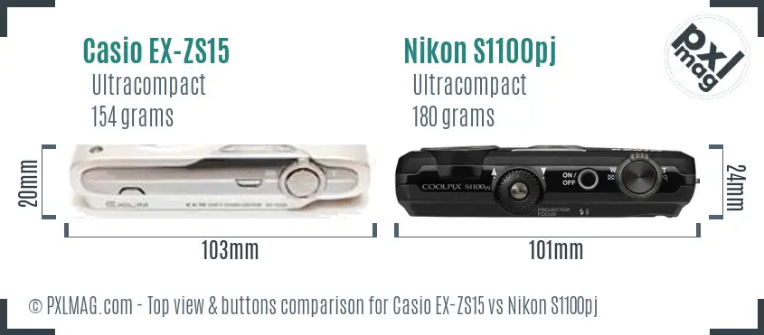 Casio EX-ZS15 vs Nikon S1100pj top view buttons comparison