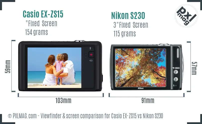 Casio EX-ZS15 vs Nikon S230 Screen and Viewfinder comparison