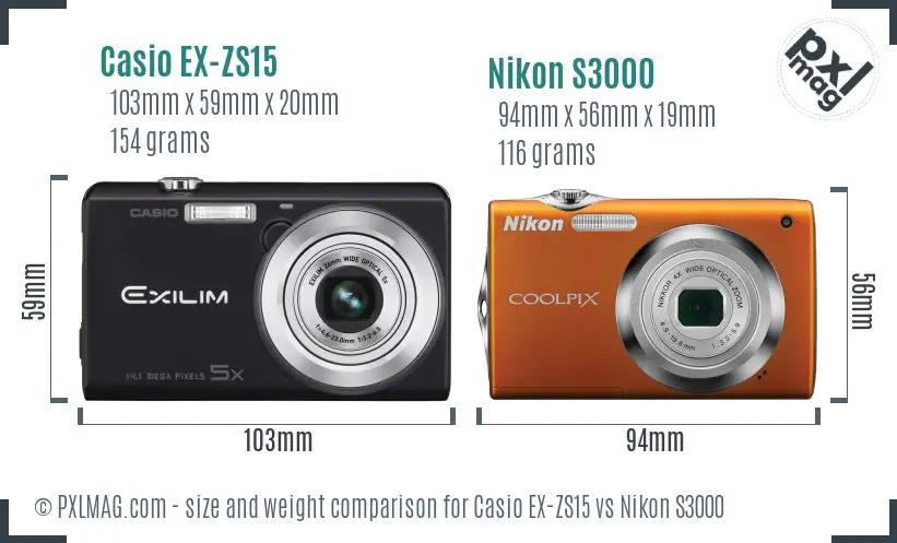 Casio EX-ZS15 vs Nikon S3000 size comparison