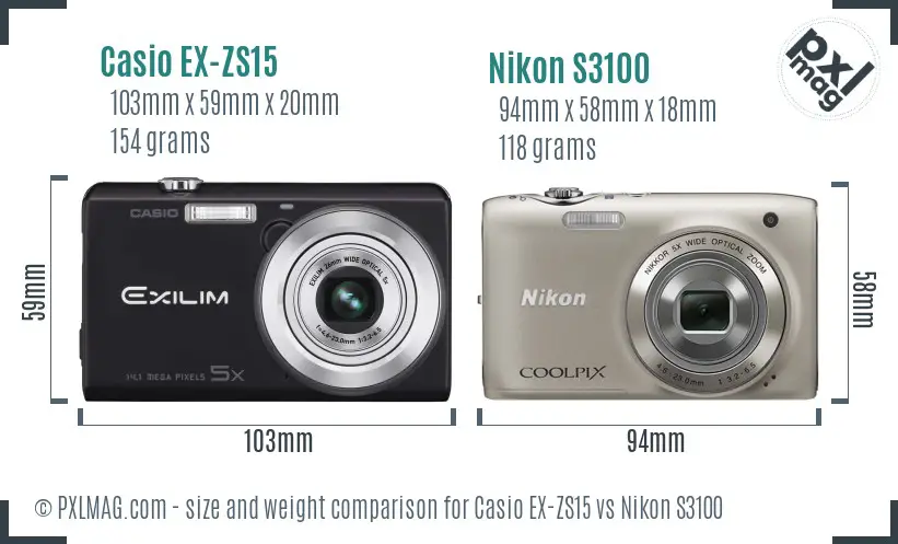 Casio EX-ZS15 vs Nikon S3100 size comparison