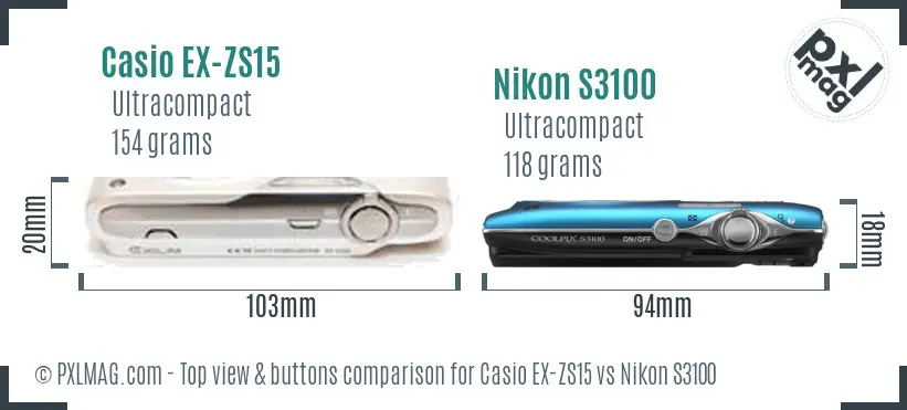 Casio EX-ZS15 vs Nikon S3100 top view buttons comparison