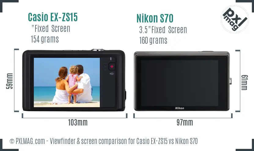 Casio EX-ZS15 vs Nikon S70 Screen and Viewfinder comparison