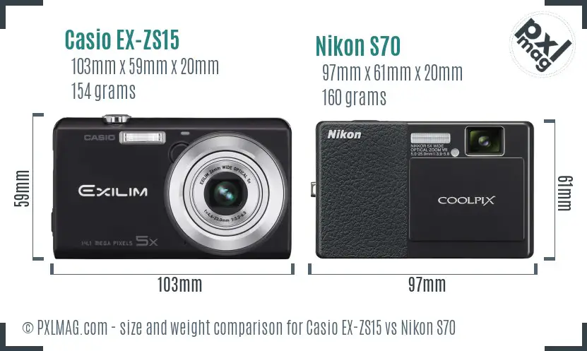 Casio EX-ZS15 vs Nikon S70 size comparison