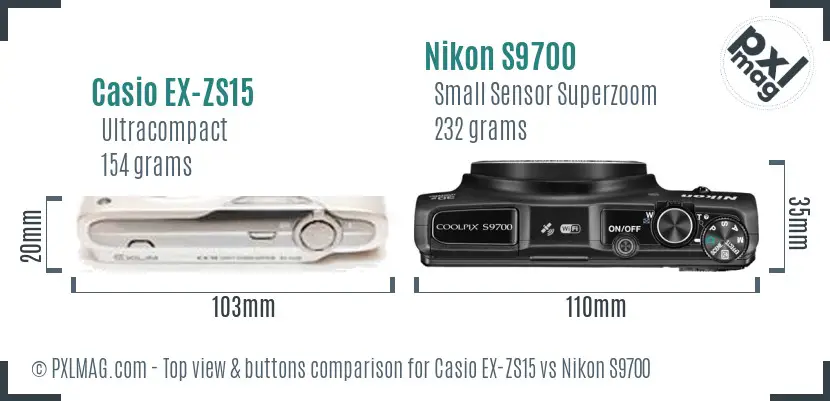 Casio EX-ZS15 vs Nikon S9700 top view buttons comparison