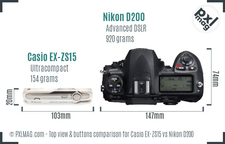 Casio EX-ZS15 vs Nikon D200 top view buttons comparison
